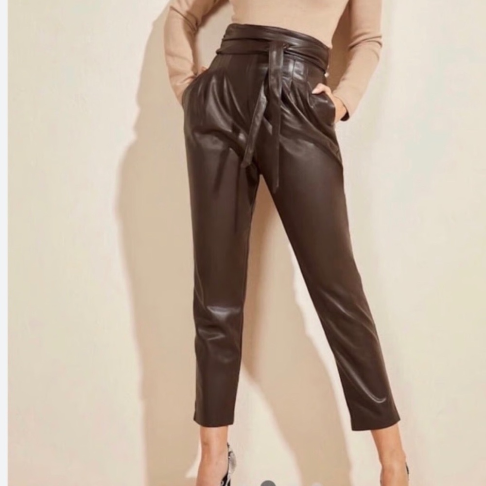 Marciano Brown Devine Faux Leather High Waisted Pant with Sash